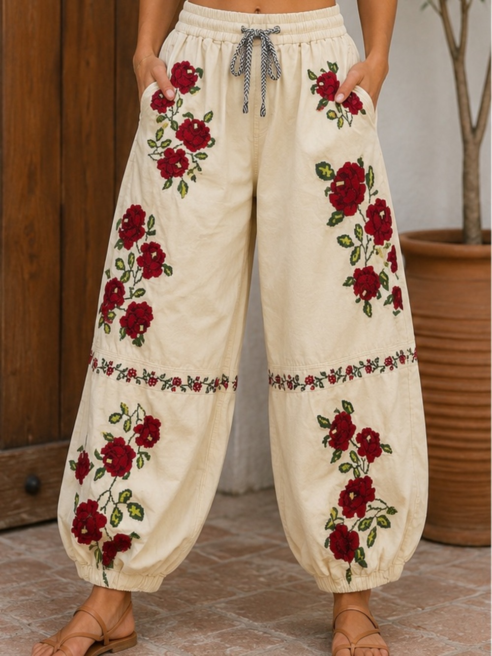 Free People Cream Wide-Leg Floral Embroidered Pants